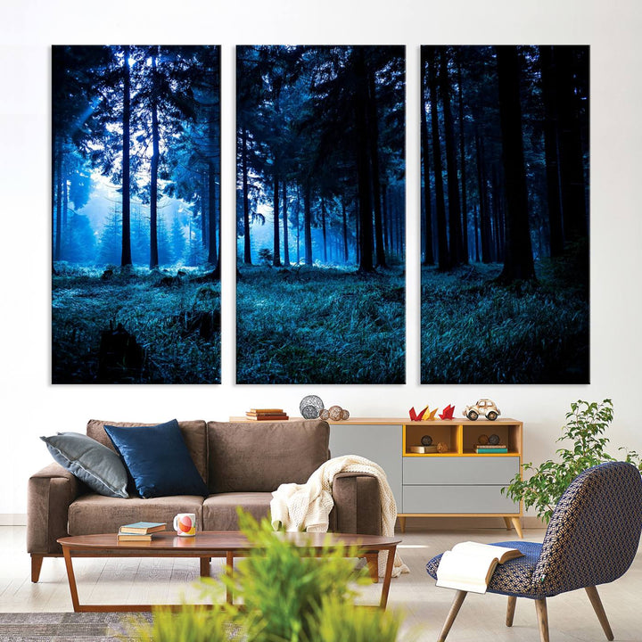 Arte de pared de bosque oscuro místico, lienzo de bosque grande, lienzo de paisaje, arte de pared de múltiples paneles, conjunto de lienzo grande de 3 piezas enmarcado