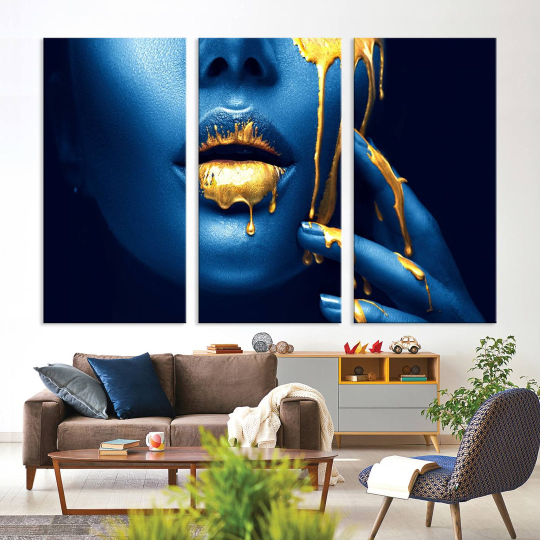 Neón Azul Oro Labios Sensual Fotografía Lienzo Pared Arte Impresión Moda Arte Belleza