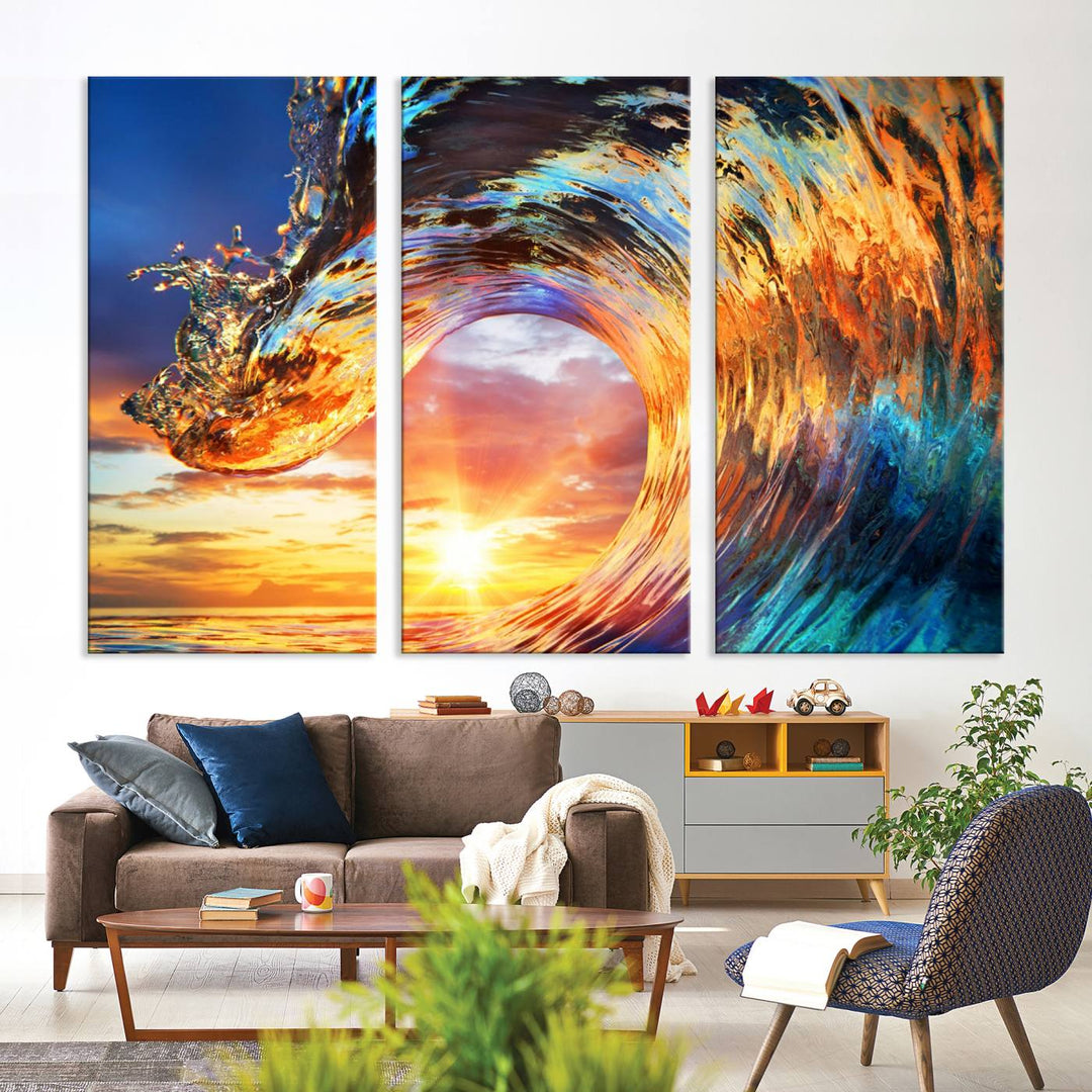 Lienzo decorativo para pared, diseño de olas, rizos, puesta de sol y océano