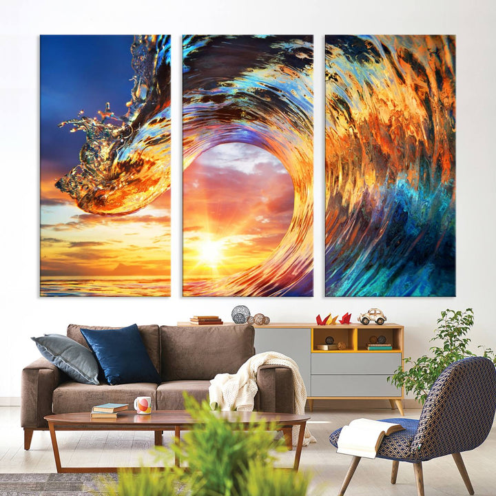 Wave Canvas Wall Art – Multi-Panel Sunset Ocean Scene – Bold and Vibrant Decor for Living Room or Office – Ready to Hang