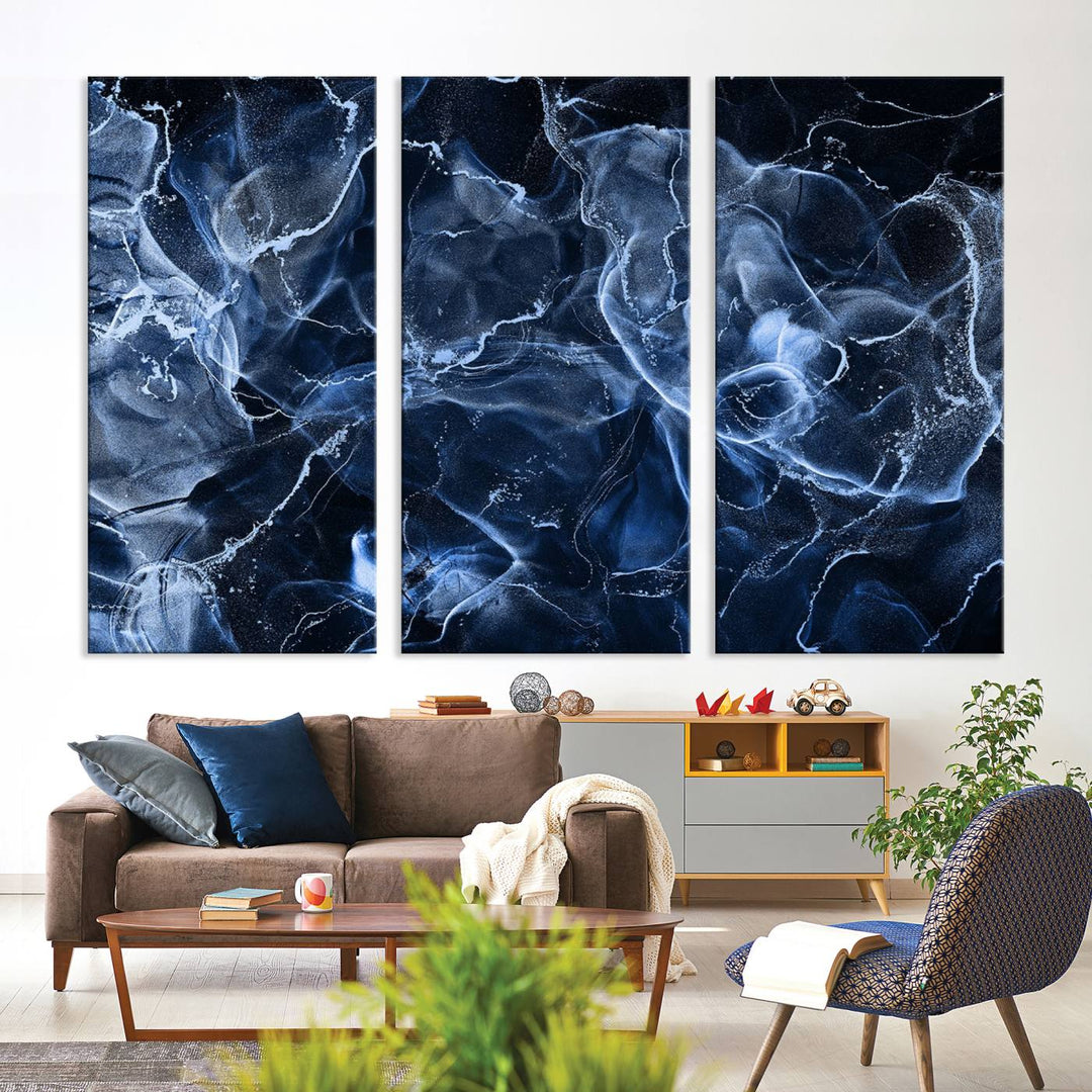 Blue Marble Smokey Effect Wall Art Abstract Canvas Wall Art Print