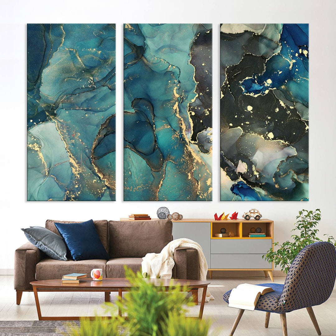 Green and Gold Marble Fluid Effect Wall Art Abstract Canvas Wall Art Print