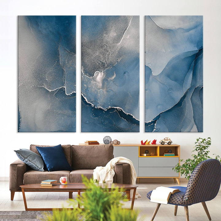 Arte de pared grande con efecto fluido de mármol gris azul, lienzo abstracto moderno, impresión artística de pared