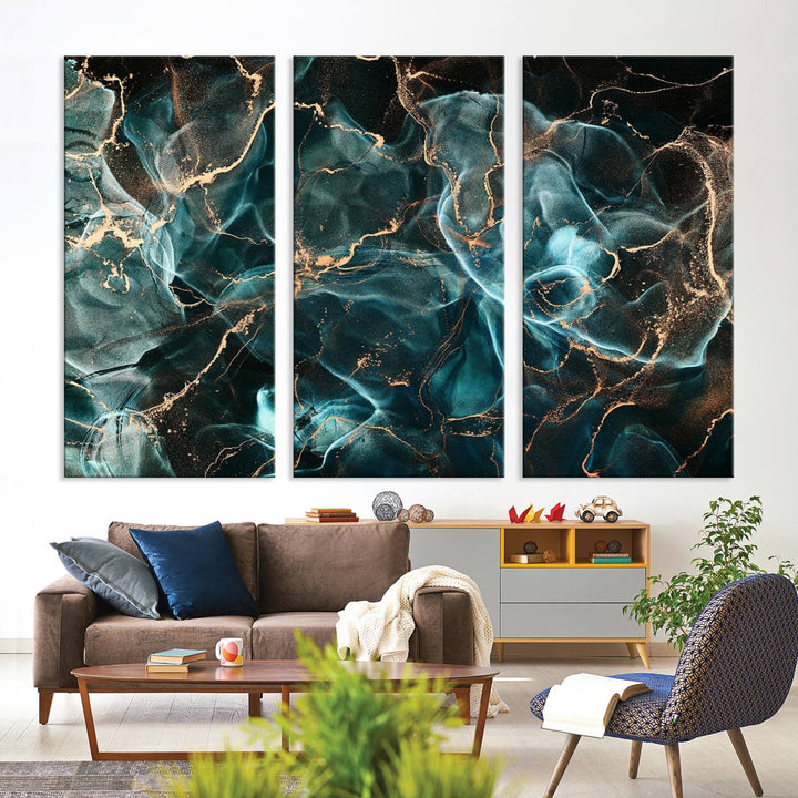 Neon Blue Marble Smokey Effect Wall Art Abstract Canvas Wall Art Print