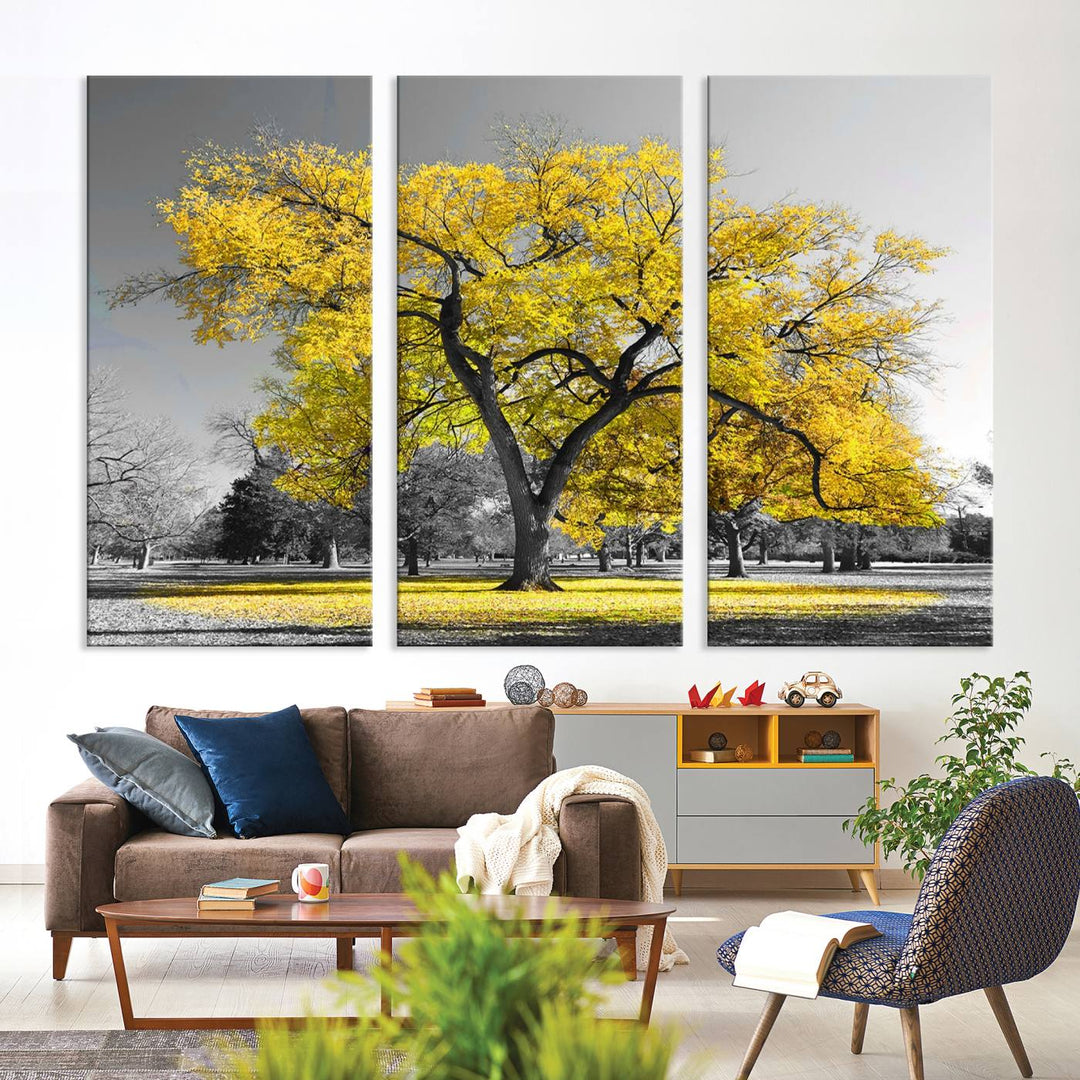 Toile murale avec grand arbre jaune, impression d'art, noir, blanc, jaune, peinture artistique