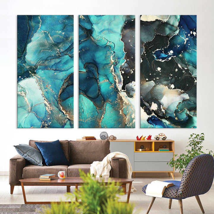 Stylish Teal Color Gold Abstract Canvas Wall Art Print