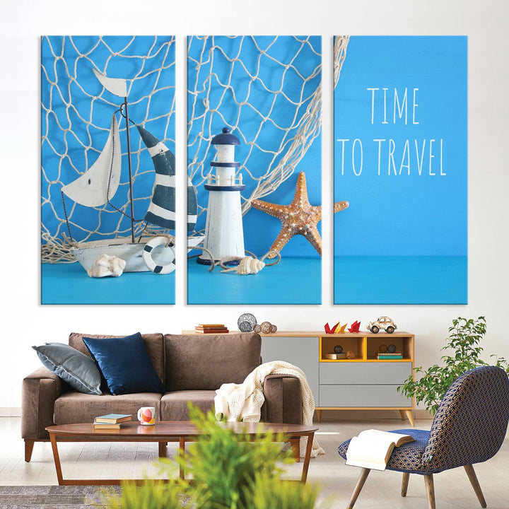 Sailing Boat Starfish and Lighthouse Wall Art Canvas Print