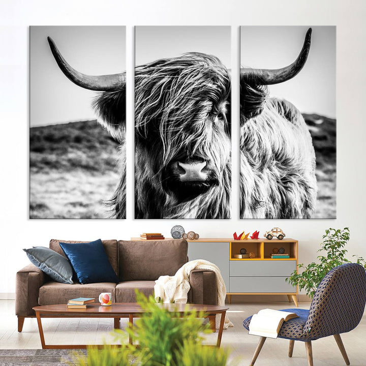 Highland Cow Wall Art | 3-Panel Black and White Highland Cow Canvas Print for Western Farmhouse Decor | Large Framed Giclee Canvas for Living Room