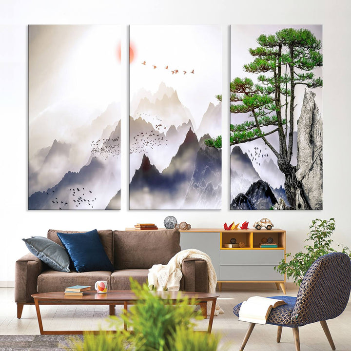 Japanese Tree Mountain Wall Art Canvas Print