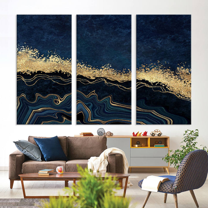 Navy Blue Marble Fluid Effect Large Wall Art Modern Abstract Canvas Wall Art Print