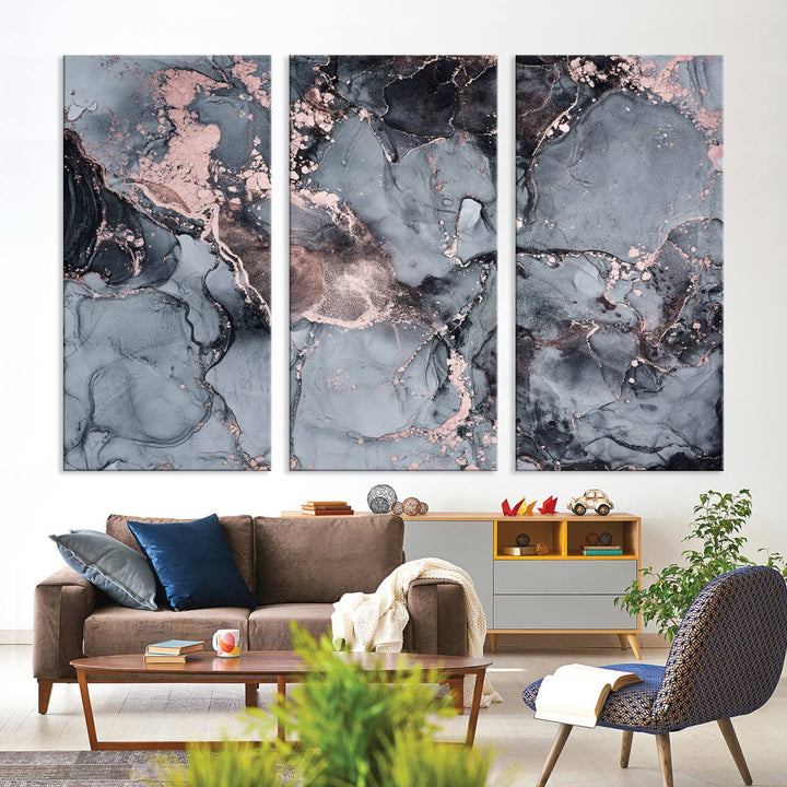 Gray and Rose Gold Marble Fluid Effect Wall Art Abstract Canvas Wall Art Print