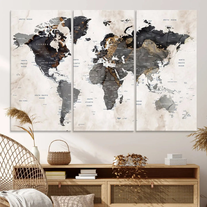 The dining room wall is adorned with the World Map Canvas Print – Earthy Triptych Wall Art, a vintage global map decor featuring dark continents.