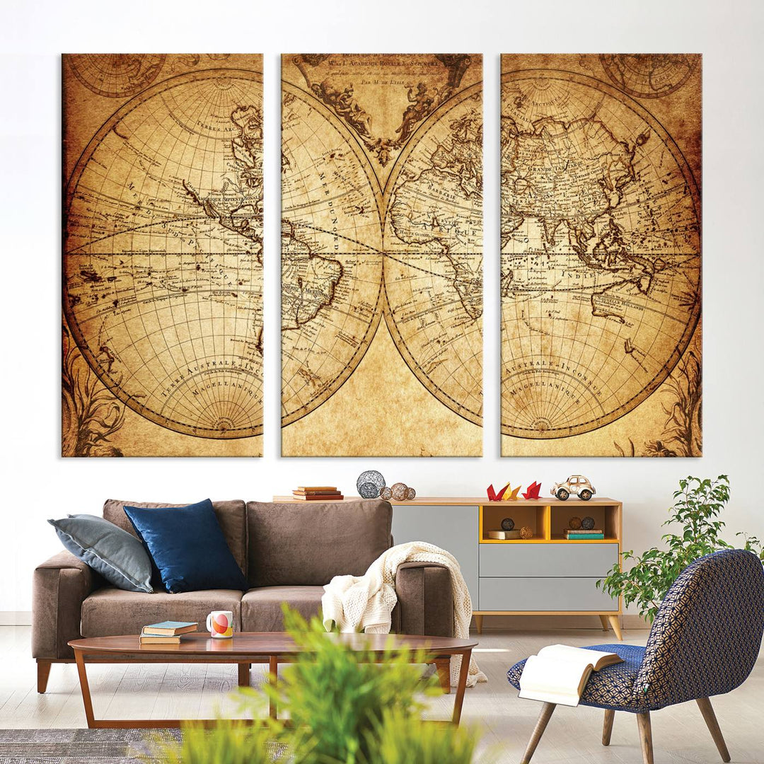 Vintage World Map Wall Art | 3-Panel Canvas Print for Living Room, Office, or Study | Giclee Canvas with Antique Design