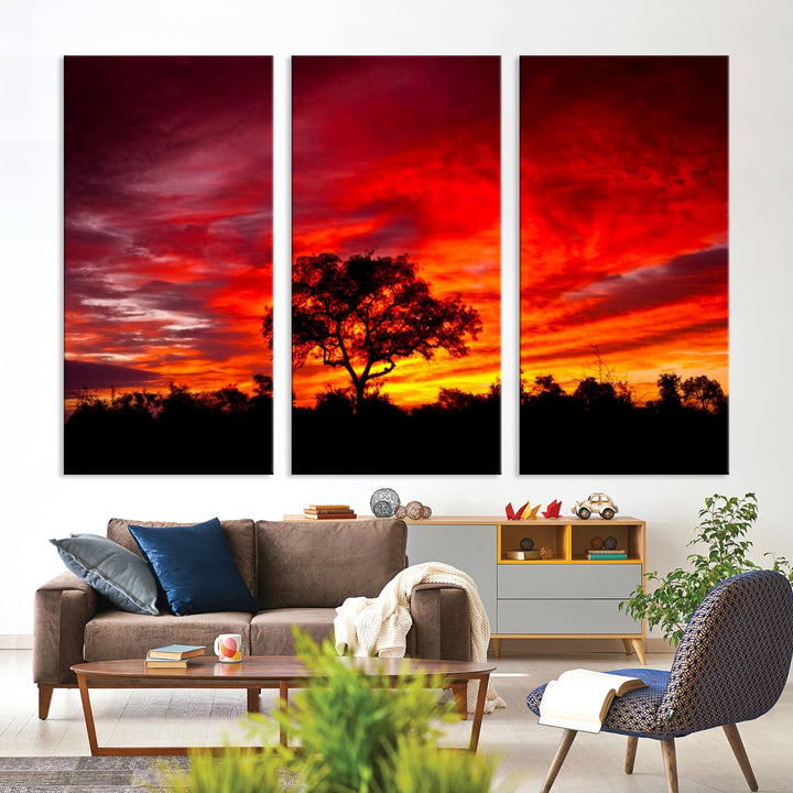 Red Sunset Landscape Artwork Printing, Forest Tree Wall Art Canvas Print