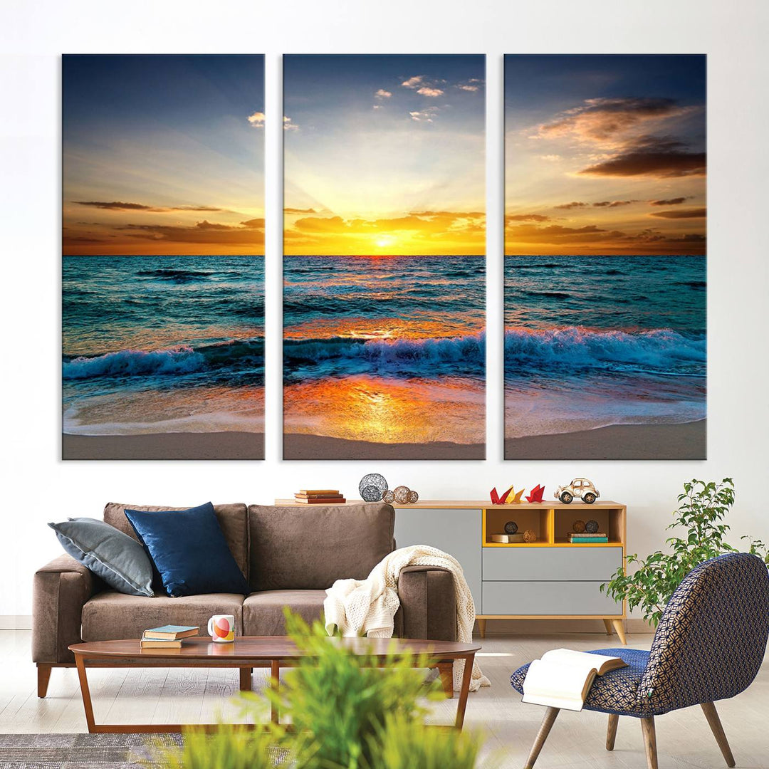 Vibrant Ocean Sunrise Over Golden Beach Waves, Giclee Canvas Wall Art Set, High-Quality Stretched Canvas Print, Ready to Hang Coastal Sunset Wall