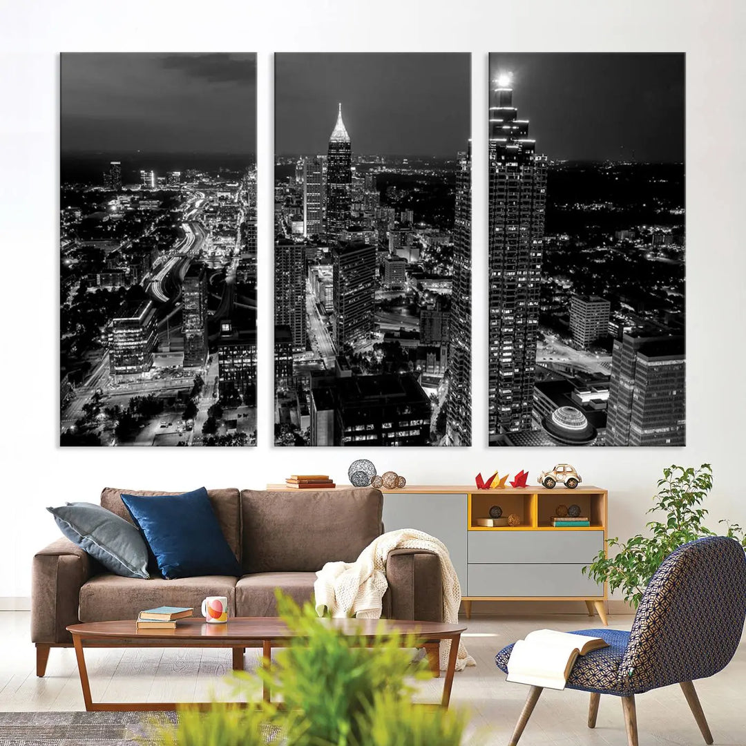 The Atlanta City Lights Skyline Black and White Wall Art Cityscape Canvas Print is elegantly displayed on the wall. These museum-quality canvases arrive ready to hang, making your art display both effortless and sophisticated.