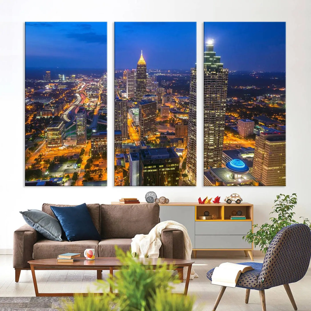 An elegant Atlanta City Blue Skyline Cityscape View Wall Art Canvas Print graces the wall, offering a sophisticated addition to your living space. Enjoy free shipping on this stylish piece.