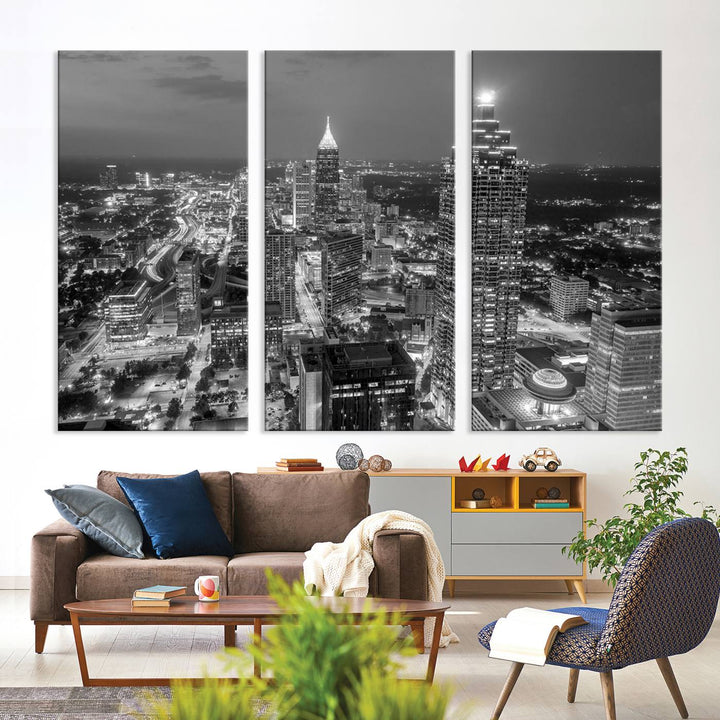 Atlanta City Skyline Art mural noir et blanc Paysage urbain Impression sur toile