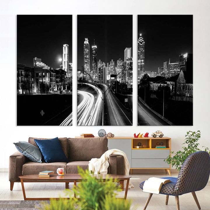 Atlanta City Lights Skyline Art mural noir et blanc Paysage urbain Impression sur toile