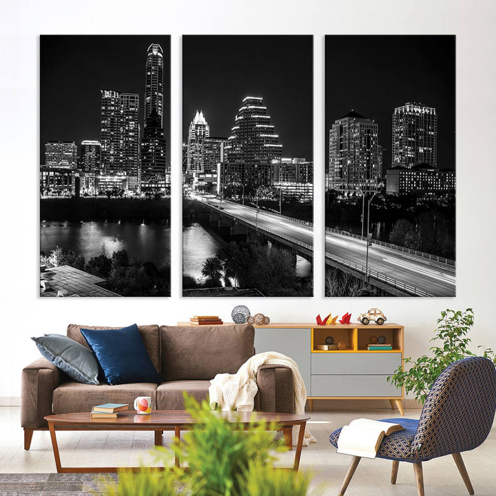 Austin City Lights Skyline Black and White Wall Art Canvas Print