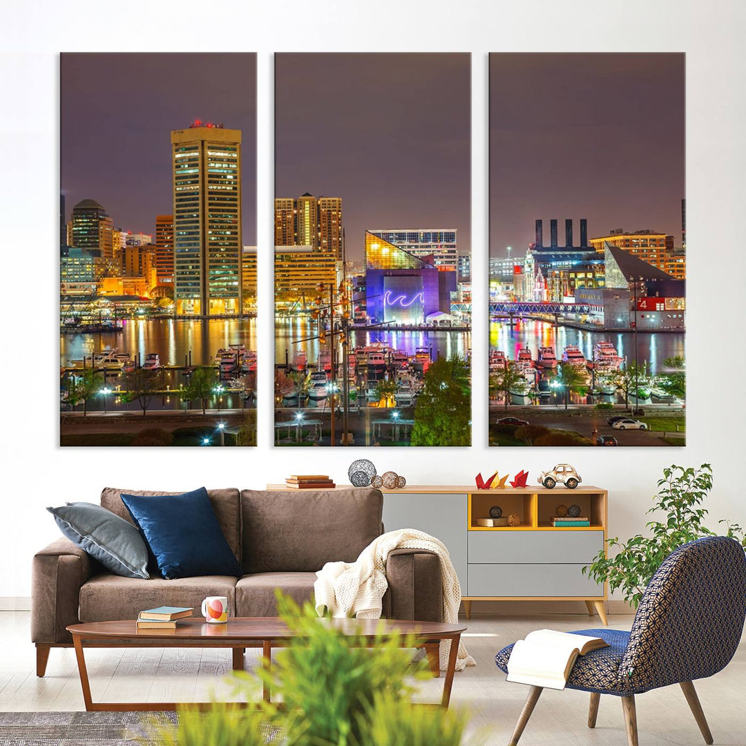 The Baltimore City Lights Night Skyline Cityscape View Wall Art Canvas Print is elegantly displayed on museum-quality canvas.