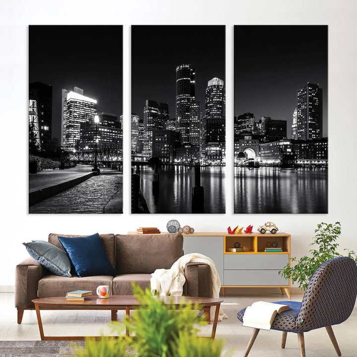 The living room showcases the Boston City Lights Skyline Black and White Wall Art Canvas Print.