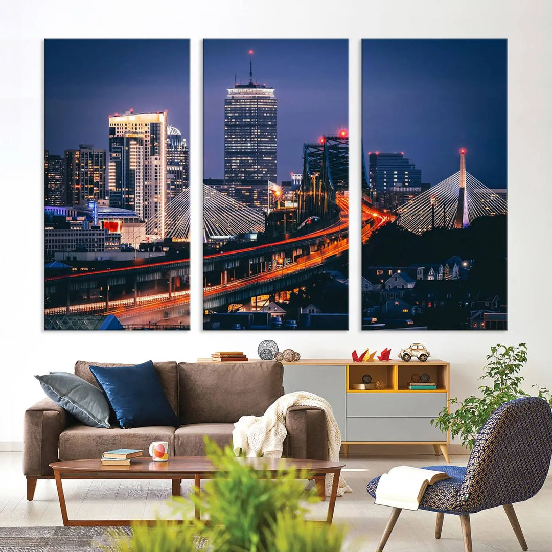 The "Boston City Lights Night Skyline Cityscape View" artwork on the wall showcases a brightly lit bridge at night. It is displayed on museum-quality canvas with a UV-protective coating.