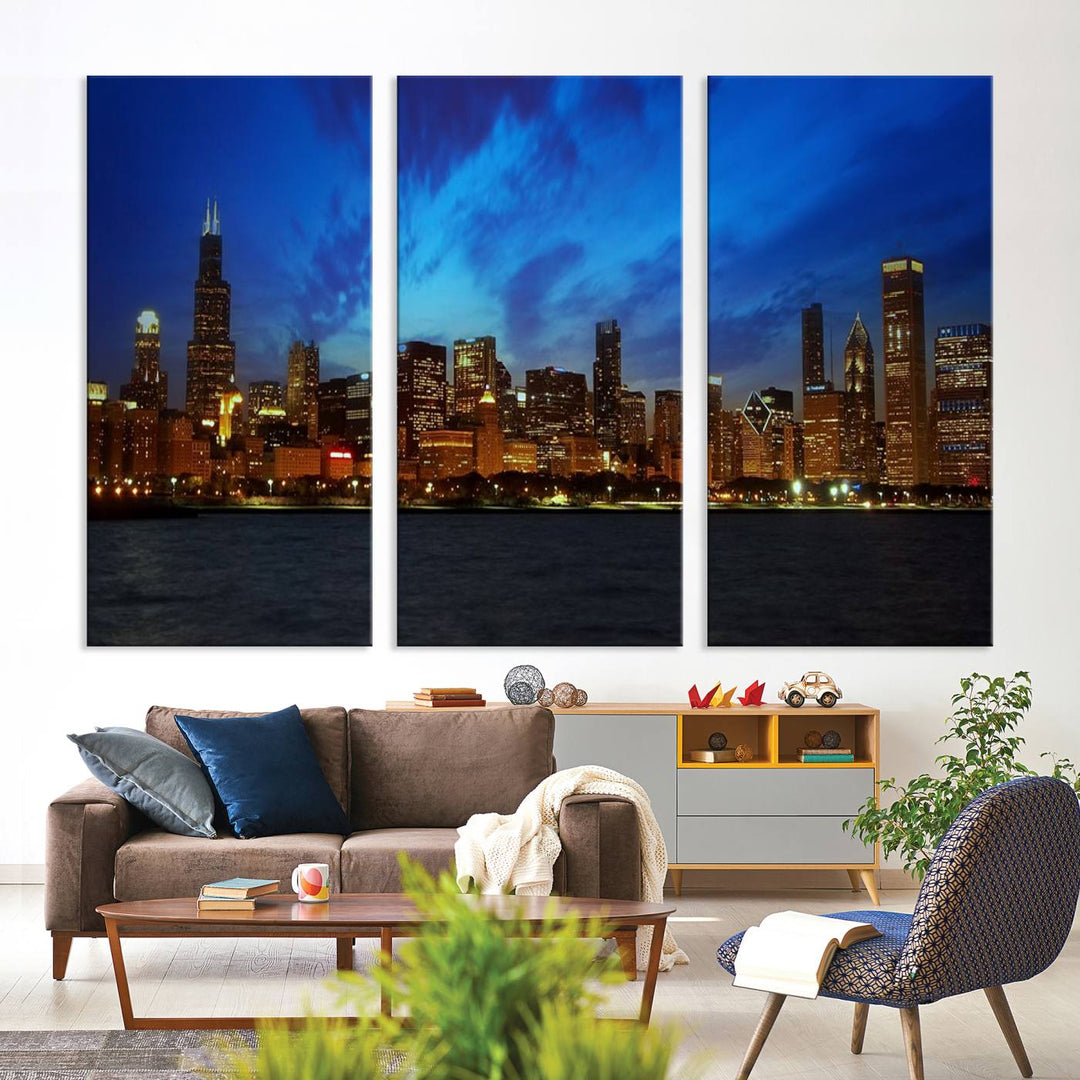 The "Chicago City Lights Night Blue Wall Art Canvas Print," a triptych of a city skyline at dusk rendered on museum-quality canvas with UV-protective coating, is featured in the living room.