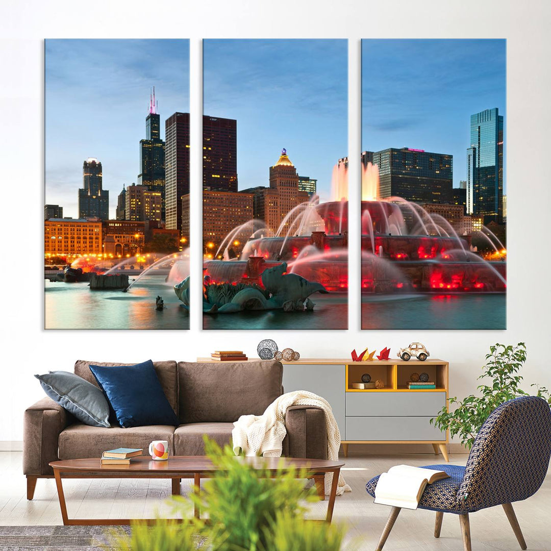 Chicago City Lights Night Skyline Cityscape View Wall Art Canvas Print