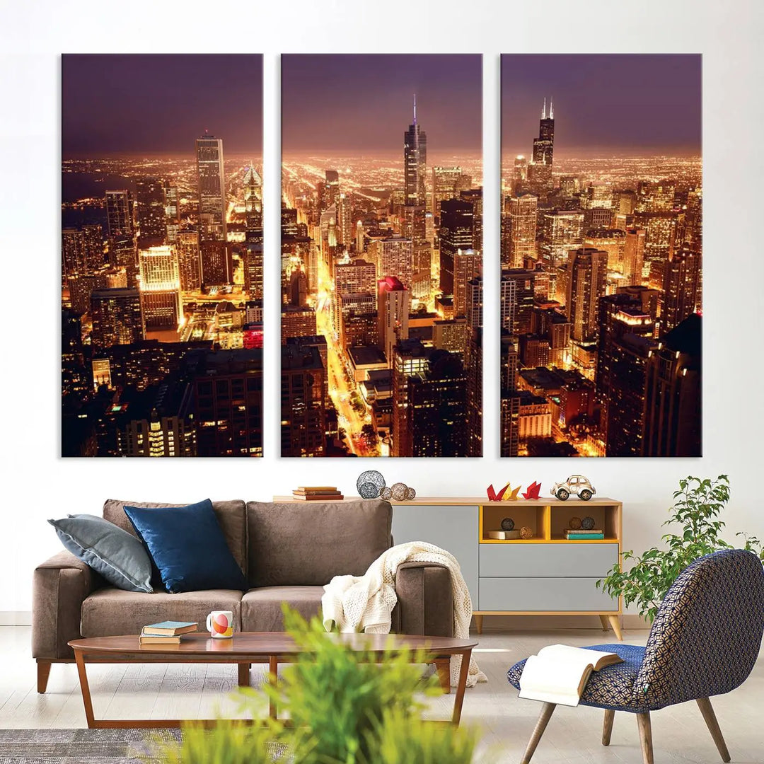 A large artwork showcasing the Chicago Night Skyline cityscape is elegantly displayed on a gallery-wrapped, museum-quality canvas.