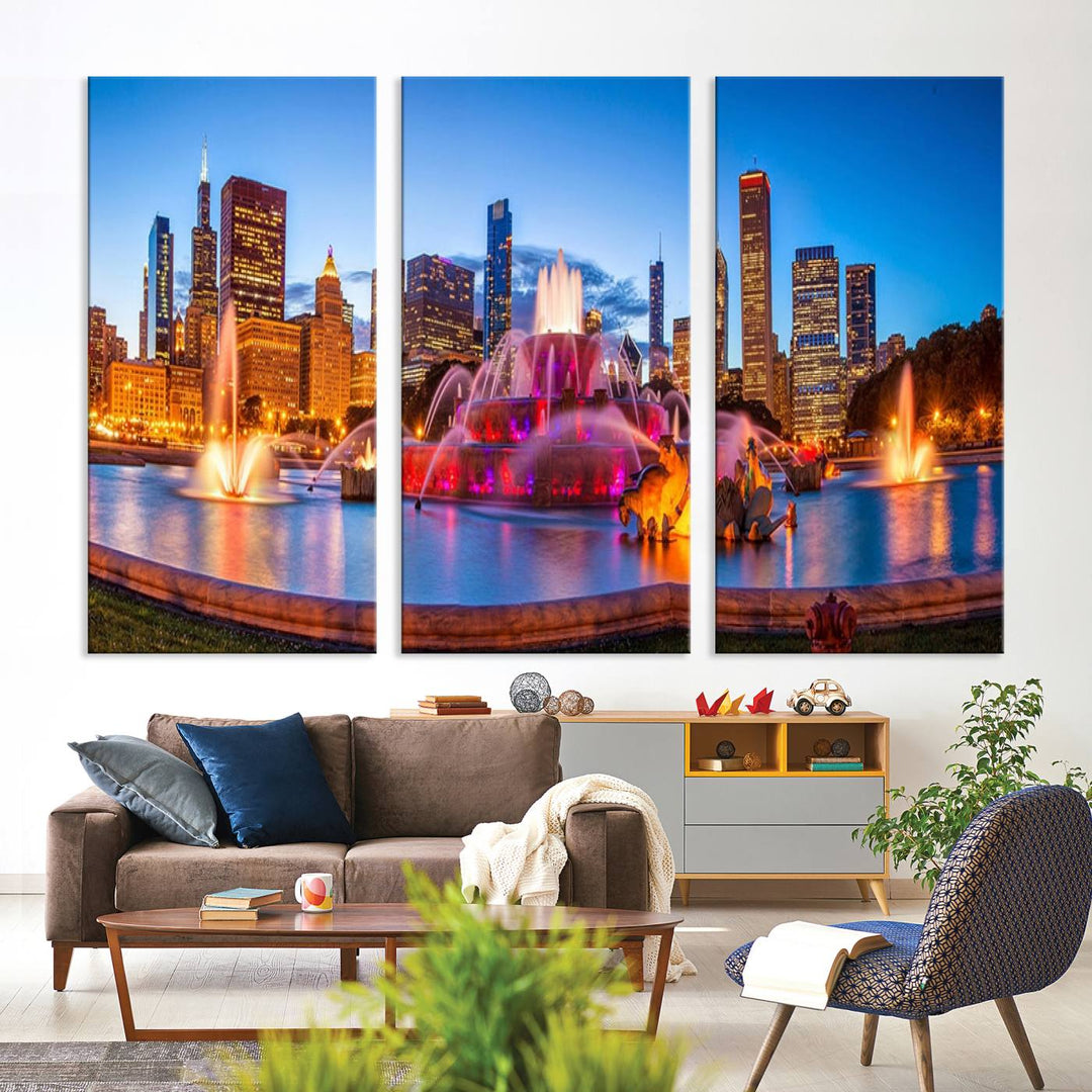 Chicago City Colorful Lights Night Skyline Cityscape View Wall Art Canvas Print