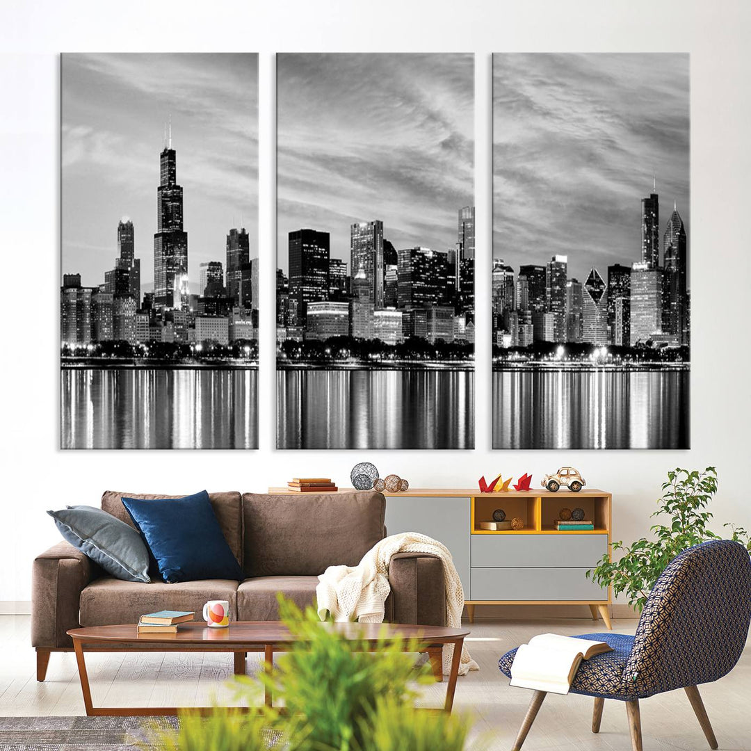 Chicago City Cloudy Skyline Black and White Wall Art Cityscape Canvas Print