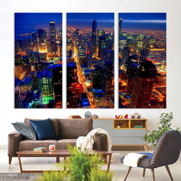 The "Chicago Night Skyline Wall Art" on museum-quality canvas adds long-lasting appeal to the living room.