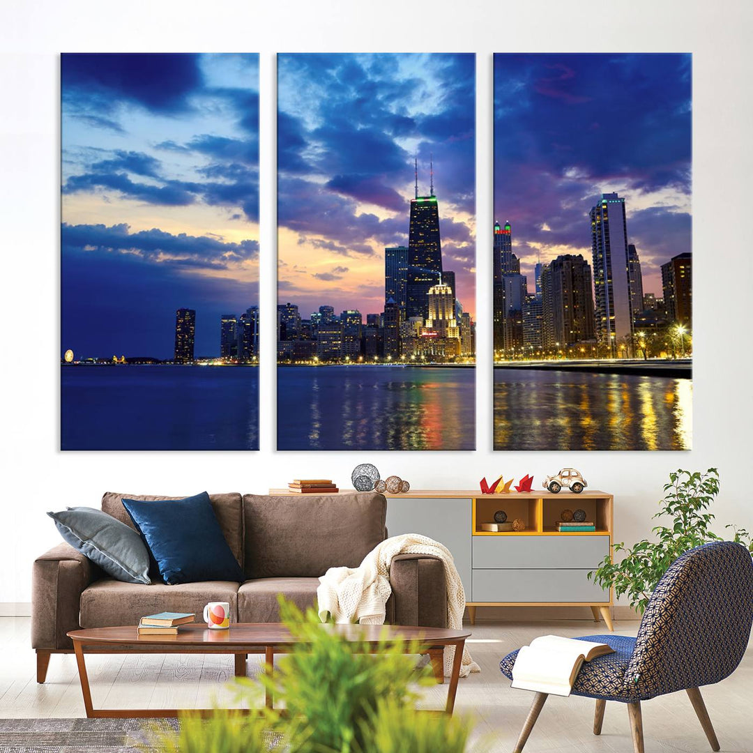 Chicago City Lights Night Cloudy Blue Skyline Cityscape View Wall Art Canvas Print