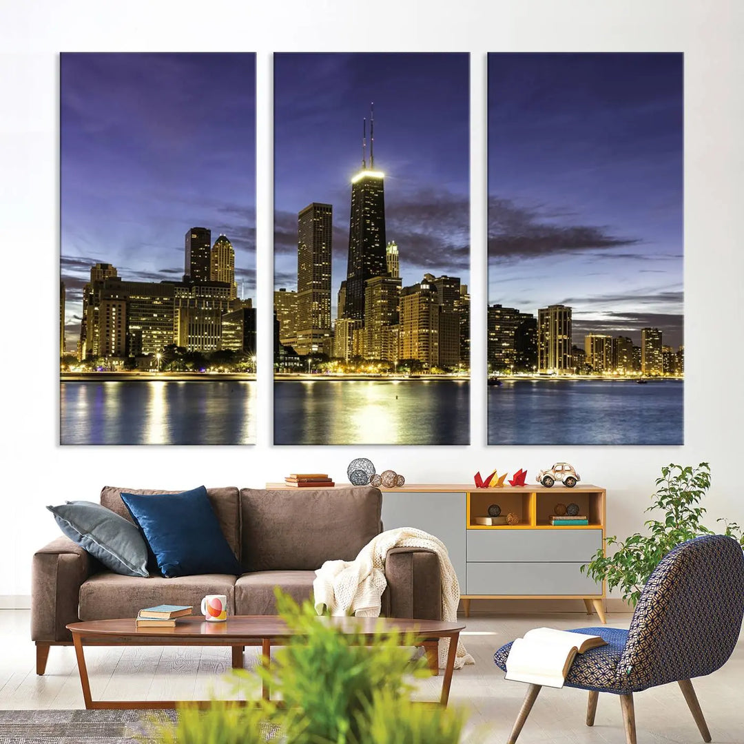 Chicago Night Skyline Cityscape Canvas Picture Print is a stunning three-panel wall art piece, perfect for adding sophistication to any setting. Crafted by professional artisans, this artwork features museum-quality canvases designed to enhance your space. Enjoy free shipping with your purchase.