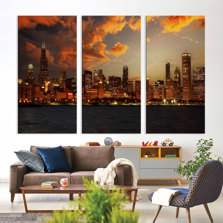 Chicago City Lights Coucher de soleil Orange Nuageux Skyline Paysage urbain Vue Art mural Impression sur toile