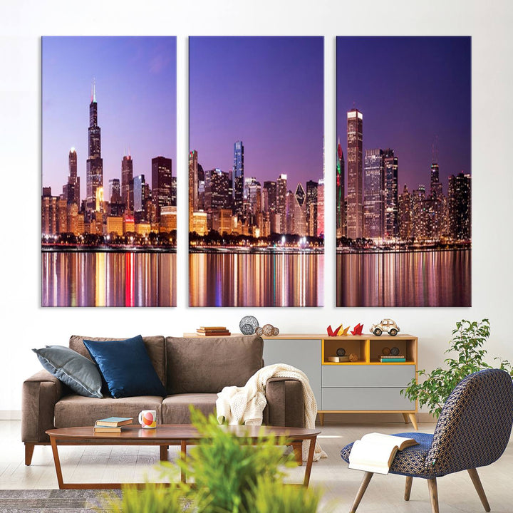 Chicago City Lights Night Purple Skyline Cityscape View Wall Art Impression sur toile