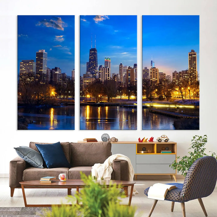 A triptych photo titled "Chicago City Lights Night Blue Skyline Cityscape View Wall Art Canvas Print" is elegantly displayed on gallery-wrapped, museum-quality canvases.