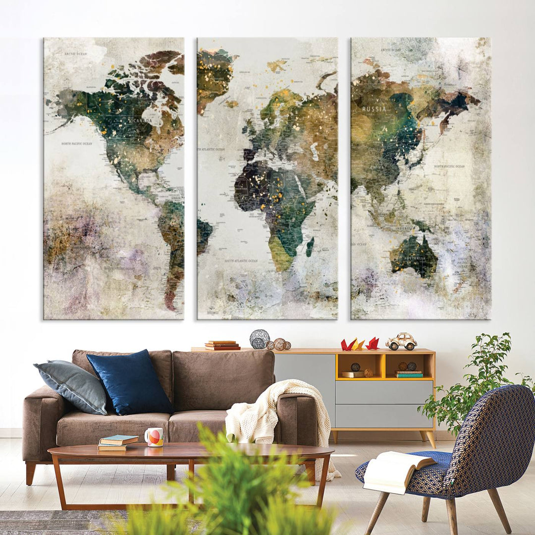 Carte du monde, impression d'art mural, carte sur toile, ensemble mural de 3 panneaux, cadeau, carte de voyage