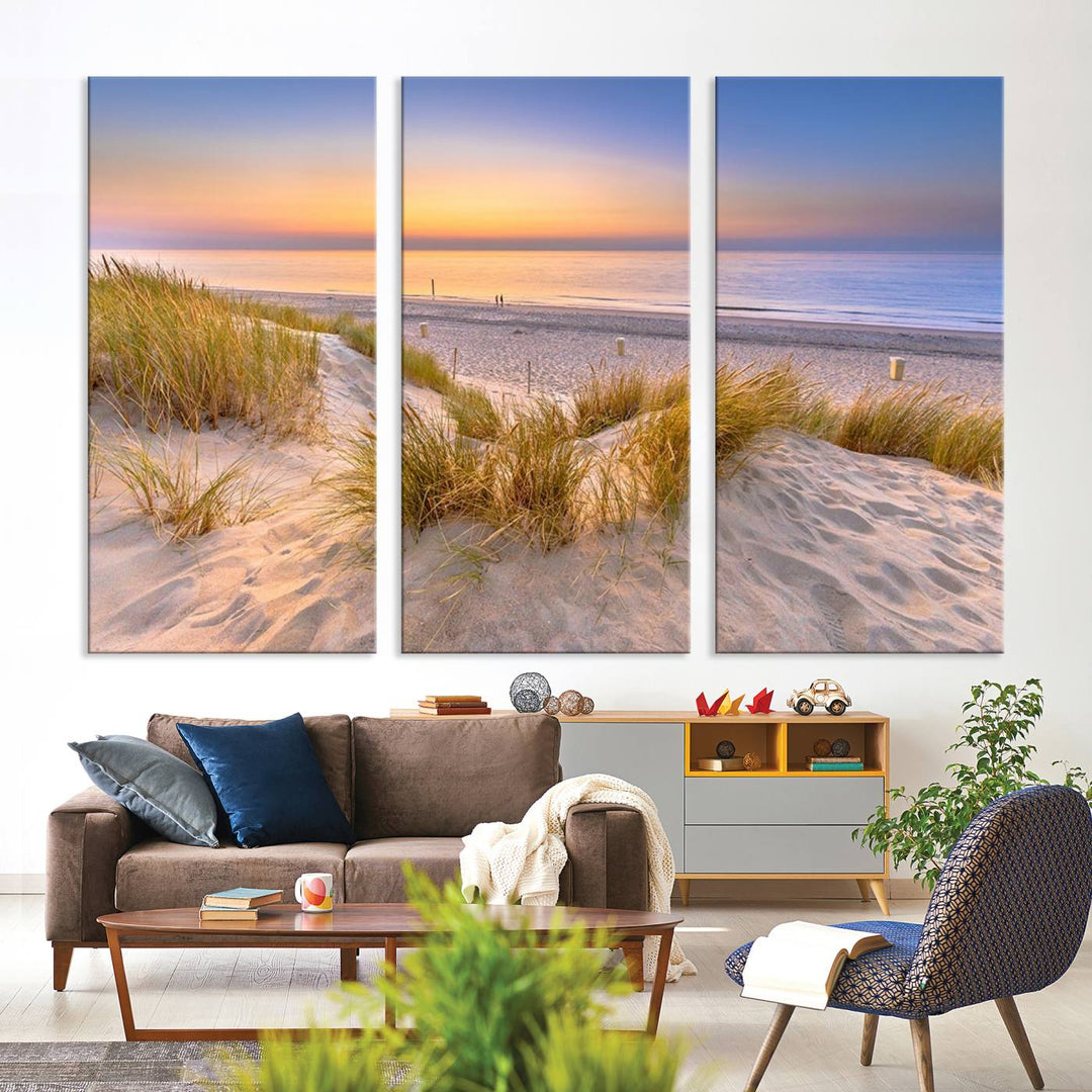 The "Sunset Silence on the Beach" wall art canvas print features a serene beach scene at sunset on museum-quality canvas with a UV-protective coating.