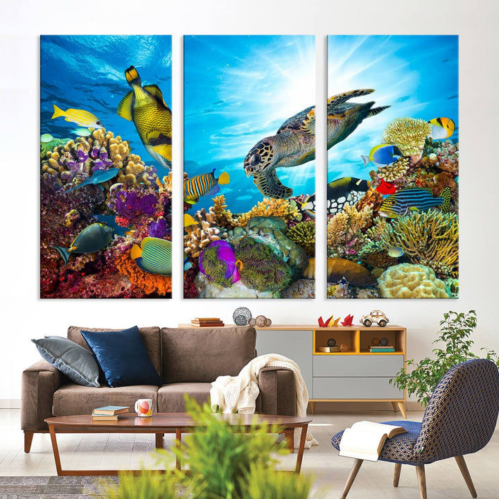 The Aquatic Life Sea Turtles Fish Wall Art Canvas Print is a triptych of vibrant underwater scenes featuring a sea turtle, various fish, and colorful coral. Crafted on museum-quality canvas, this handcrafted masterpiece brings the ocean to life in any space.