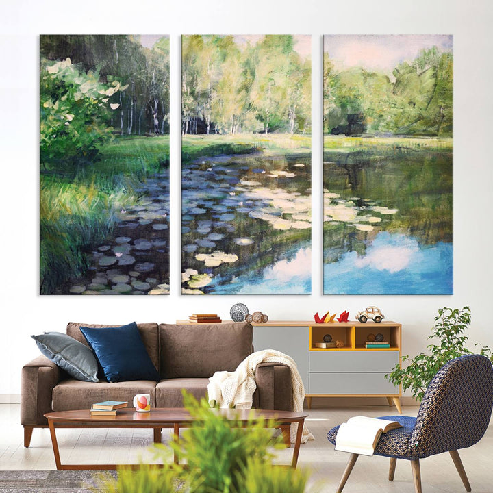 The "Forest Pond River Lake Wall Art Canvas Print" showcases a serene lakeside landscape with trees and water lilies. Crafted on museum-quality canvases and enhanced with UV-protective coating, this piece serves as an elegant addition to any space.