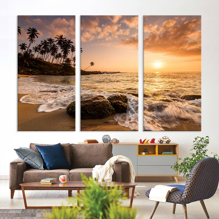 The "Tropical Island Sunset Sunrise Wall Art Canvas Print" is a stunning triptych that showcases a tranquil beach sunset complete with waves and palm trees. Each canvas piece is meticulously hand-assembled and framed using museum-quality polycotton with a UV-protective coating to ensure enduring beauty.