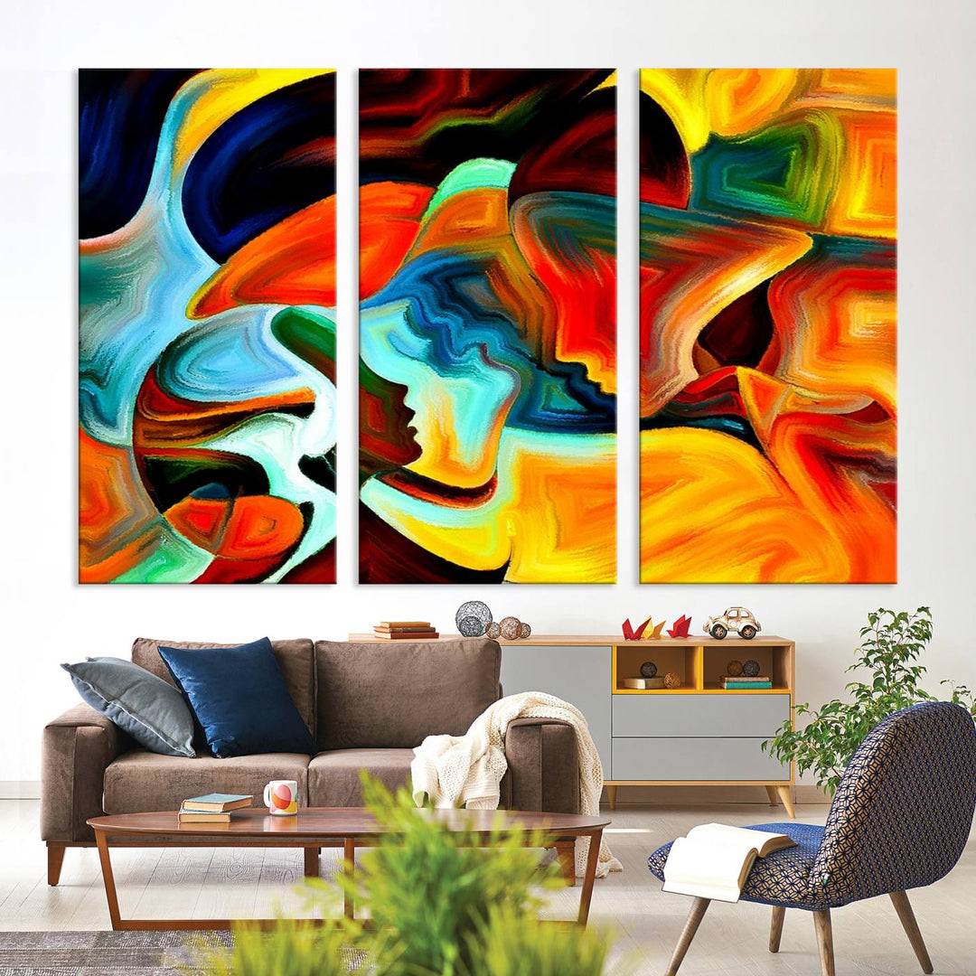 The "Human Love Figures Abstract Wall Art Canvas Print" adds a stylish touch to the dining area, featuring vibrant three-panel artwork on museum-quality canvases with UV-protective coating.