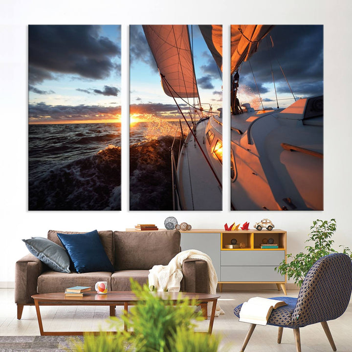 The modern living room is adorned with the Ocean Sunset Sailboat Wall Art, a triptych crafted on museum-quality canvas featuring UV-protective coating for lasting vibrancy.