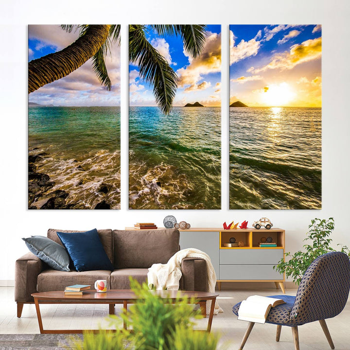 The Sunset Lake View Wall Art Canvas Print, gallery wrapped on a museum-quality canvas, enhances the vibrant living room decor with its UV-protective coating.