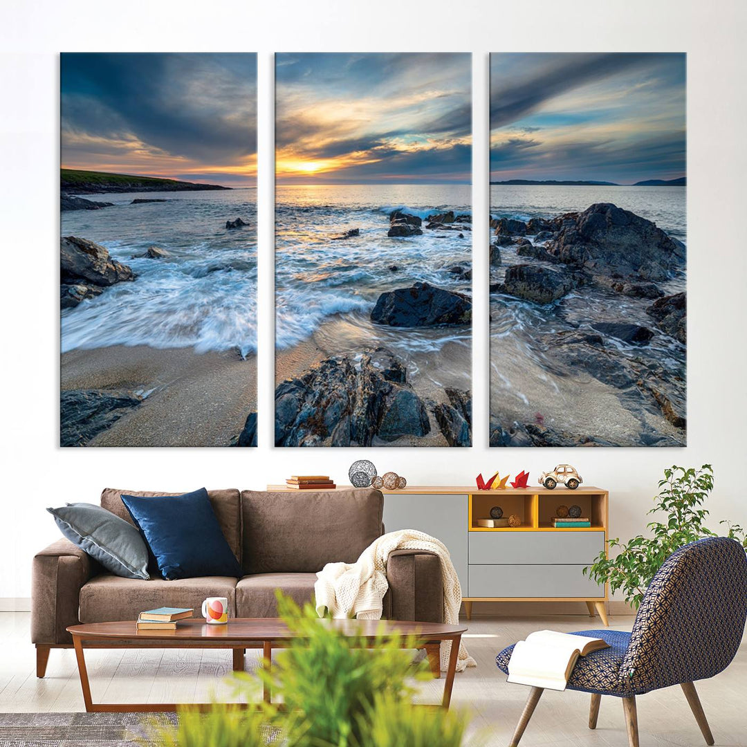 The "Beautiful Stormy Sunset at Bagh Steinigidh Beach Stones" triptych ocean-themed wall art is displayed on museum-quality canvas and features a UV-protective coating.