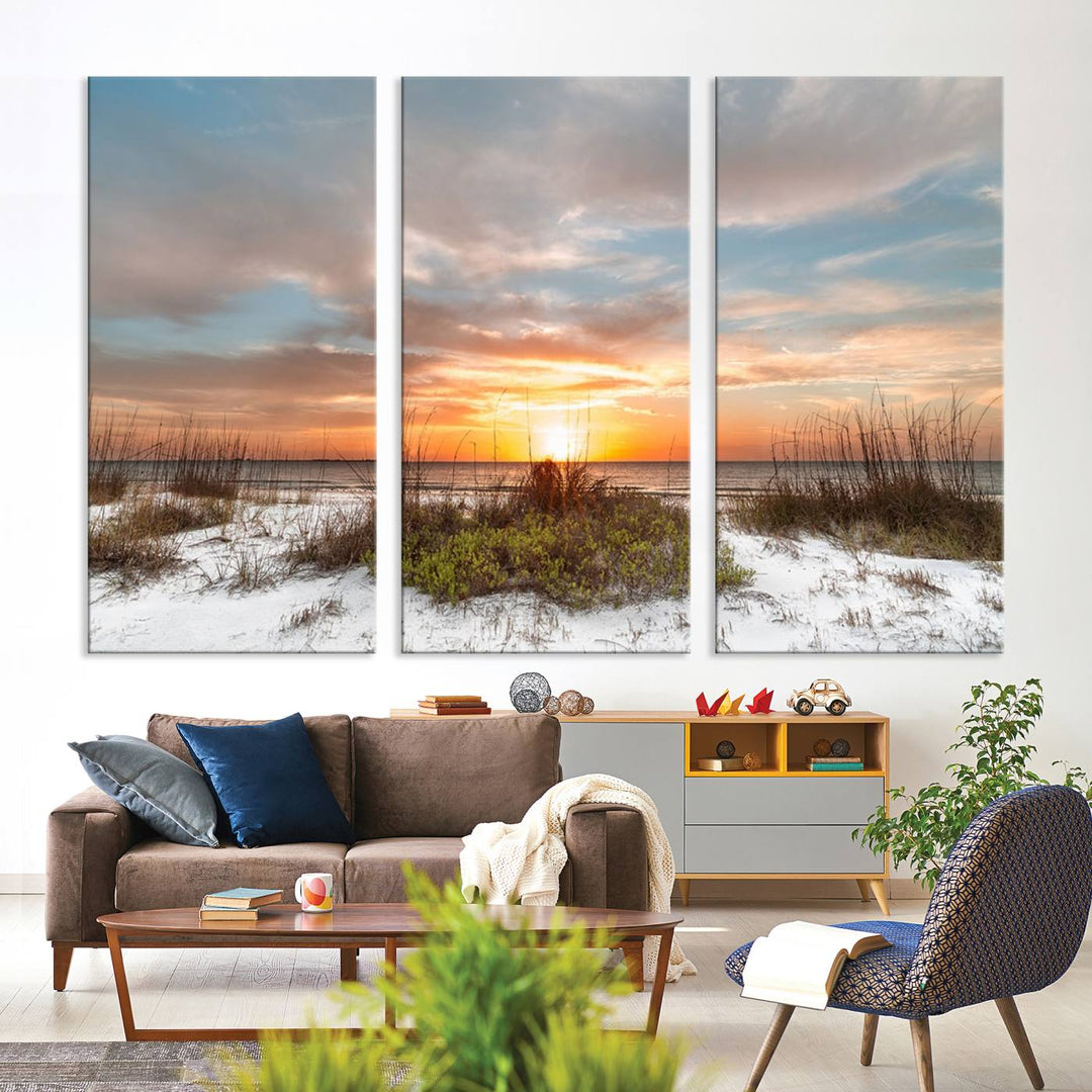 The Beach Ocean Sunset Sand Wall Art Canvas Print is expertly crafted on museum-quality canvases with a UV-protective coating.