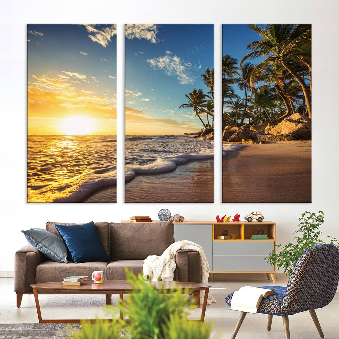 The wall features a Sunset Ocean View Beach Canvas Print, showcasing museum-quality craftsmanship by professional artisans.