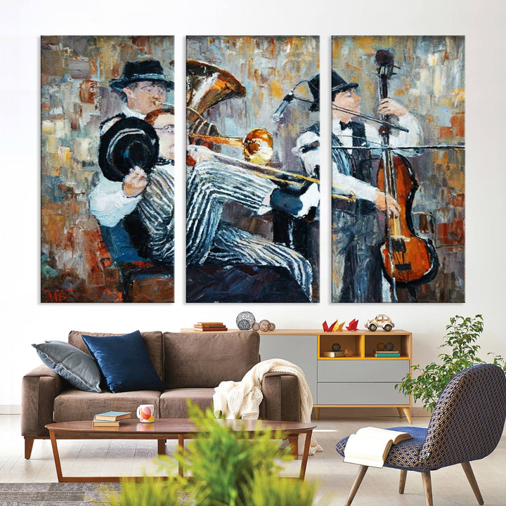 The Good Old Days Musicians Wall Art Canvas Print graces the wall, merging art with elegance. This museum-quality canvas comes with a UV-protective coating and is ready to hang.